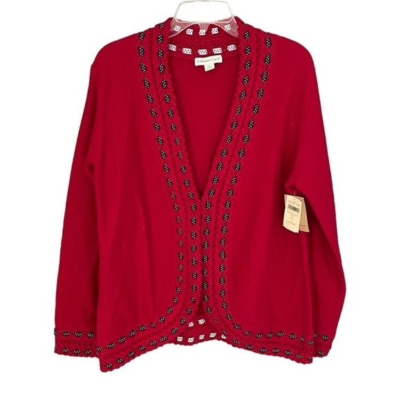 COLDWATER CREEK SWEATER WOMENS SMALL RED CARDIGAN RIBBON LACE SWEATER 100% WOOL - Picture 1 of 5